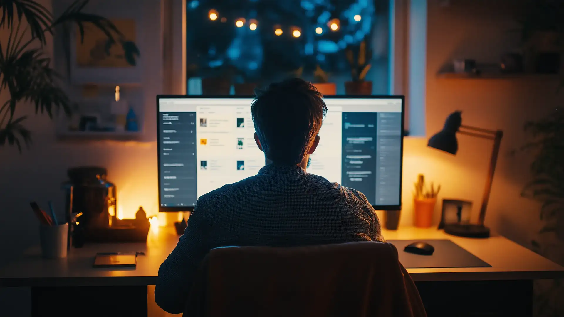 Founder viewed from behind at a monitor showing the system that links calls, quotes, bookings, and invoices
