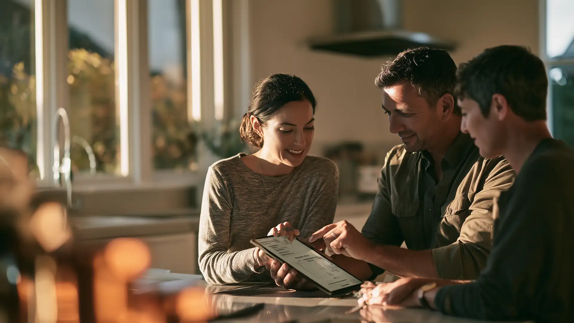 Contractor holding a tablet showing one connected dashboard, with several disconnected app icons fading into the background