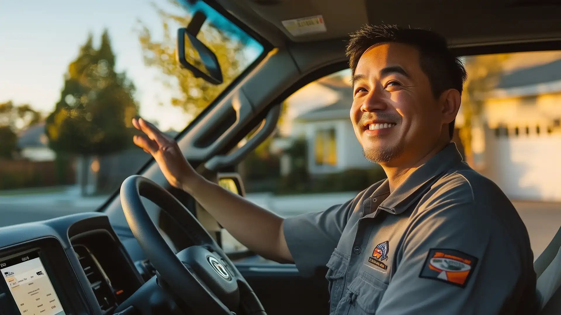 Technician using the scheduling app through Android Auto as a homeowner walks up smiling