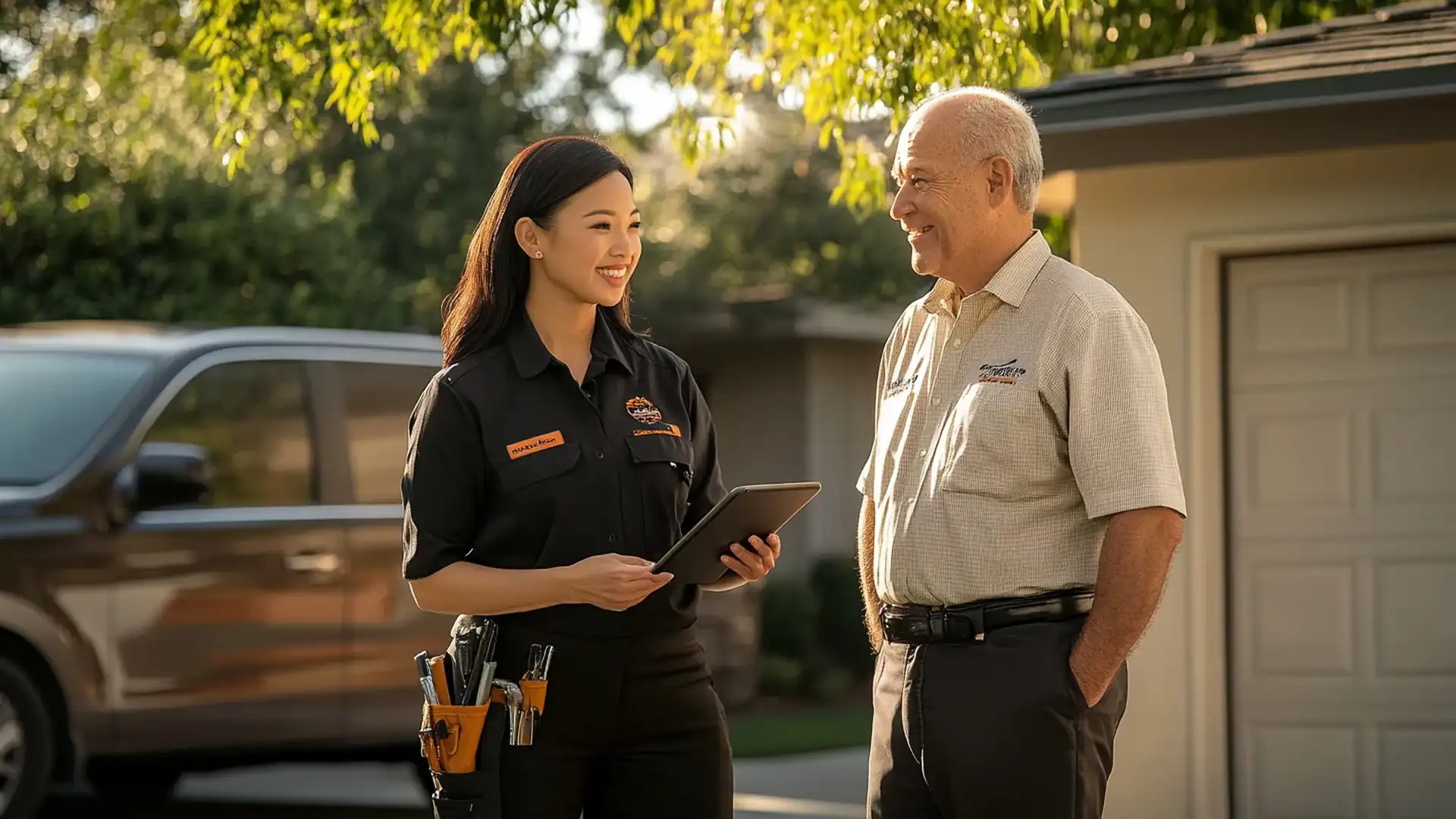 Salesperson with an iPad pointing out a homeowner's worn interlock driveway