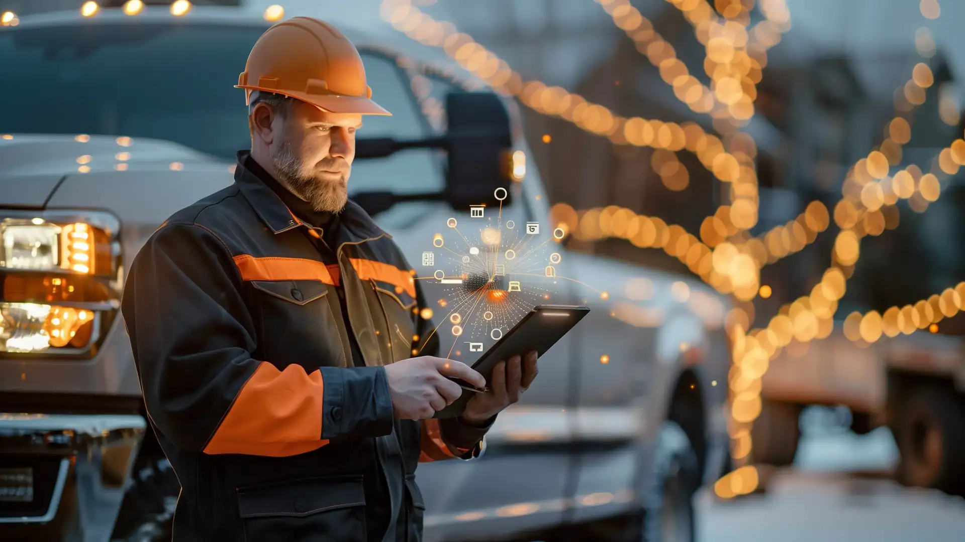 Contractor beside his truck viewing a tablet dashboard that connects his marketing, leads, and revenue into one growth chart