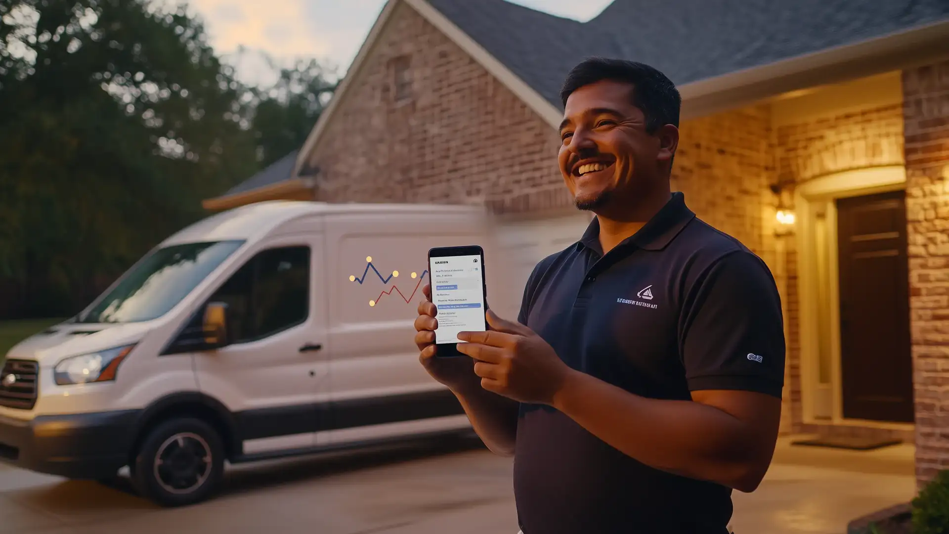Contractor smiling as his phone shows website traffic climbing into a new lead
