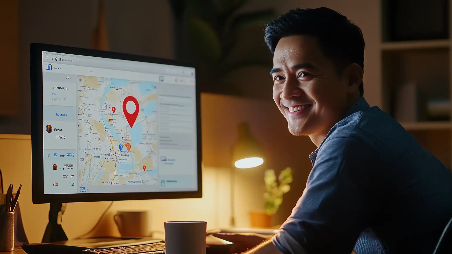Contractor at his home desk smiling at his business's maps listing on his monitor