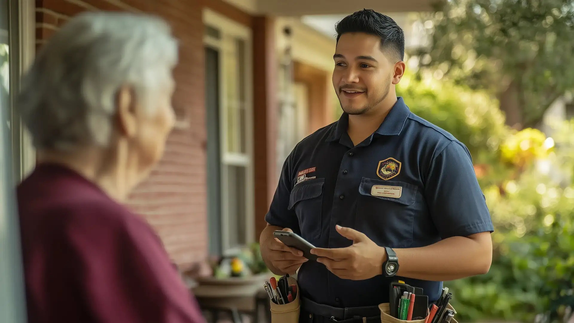 Electrician in uniform talking with a homeowner on her porch while a missed call gets answered automatically