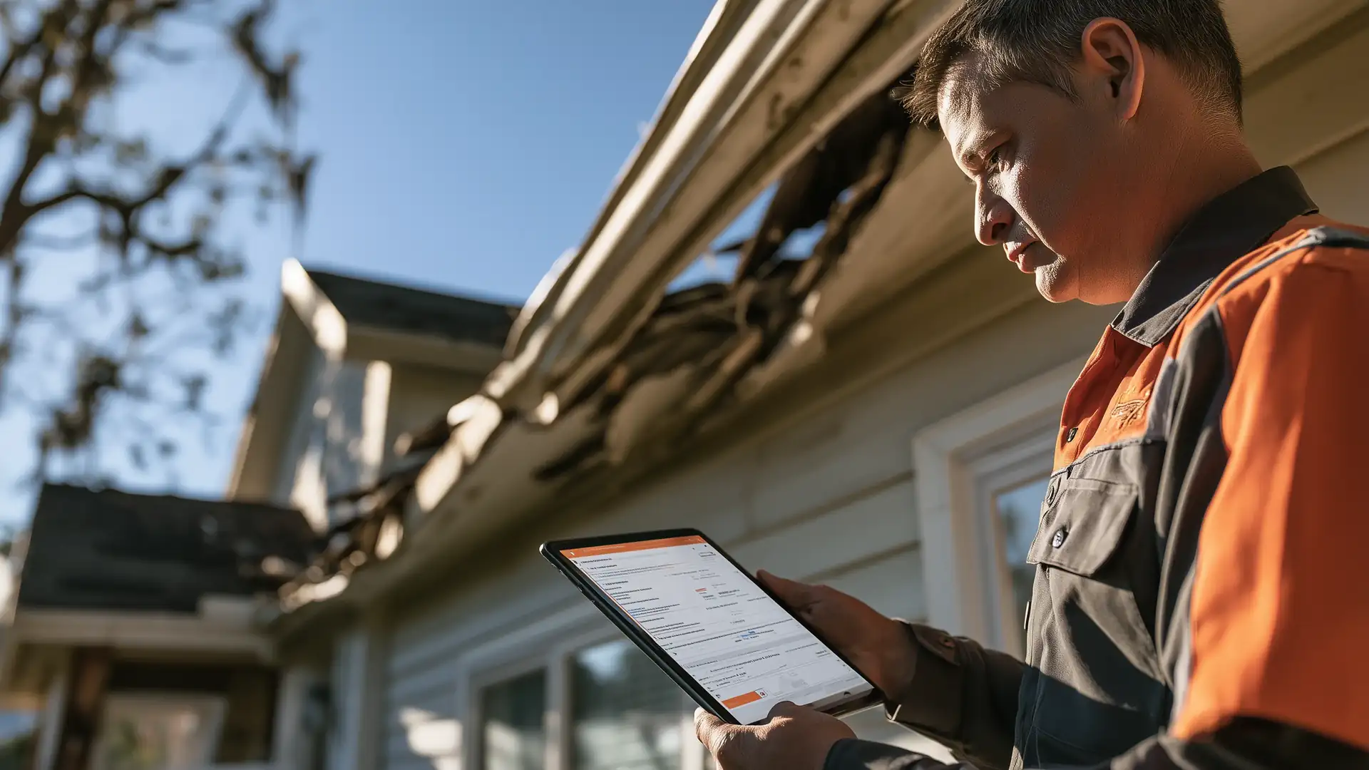 Roofing contractor inspecting a storm-damaged roof edge while reviewing a claim estimate on a tablet