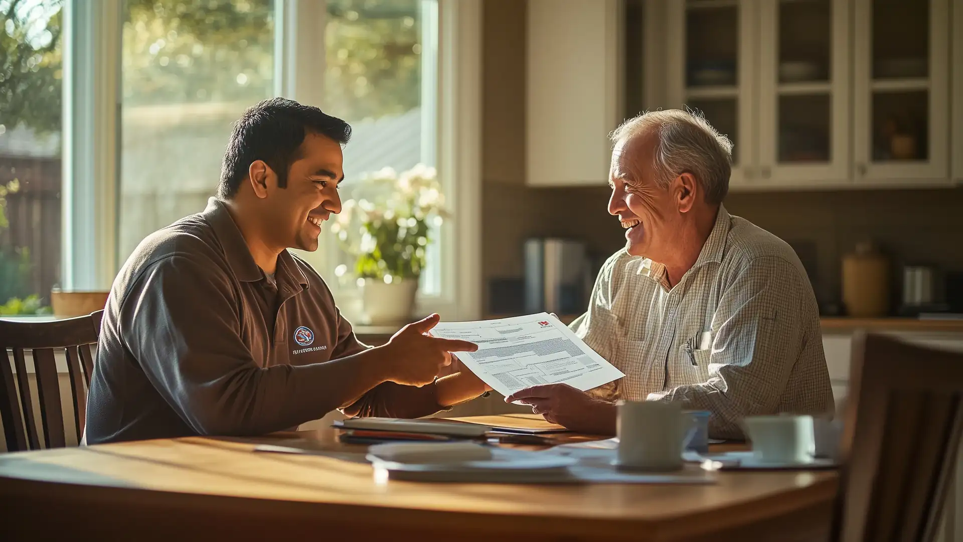 Uniformed contractor and homeowner smiling over a one-page price sheet