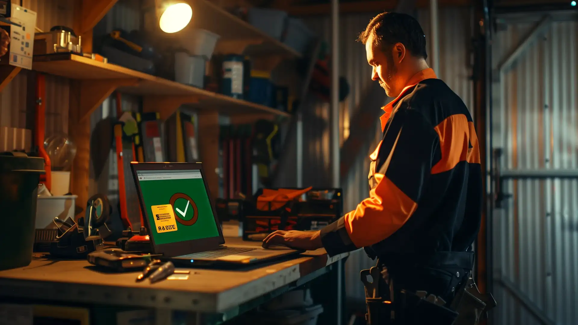 Contractor at his workbench, a passed-inspection tag beside his laptop showing a matching green checkmark on the screen